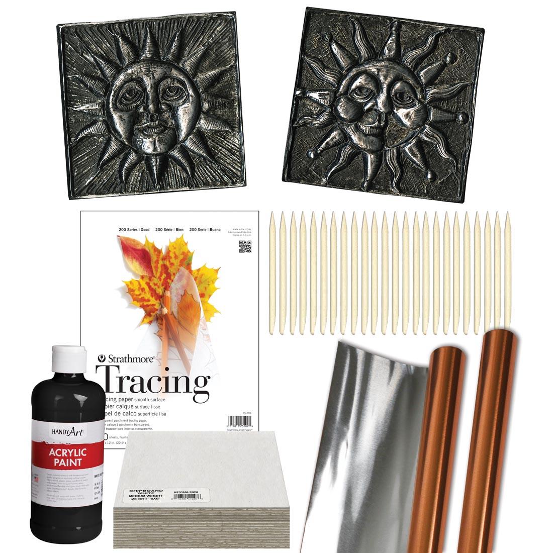 Contents of the Renaissance Sun Tooling Foil Project Kit plus an example of a completed project