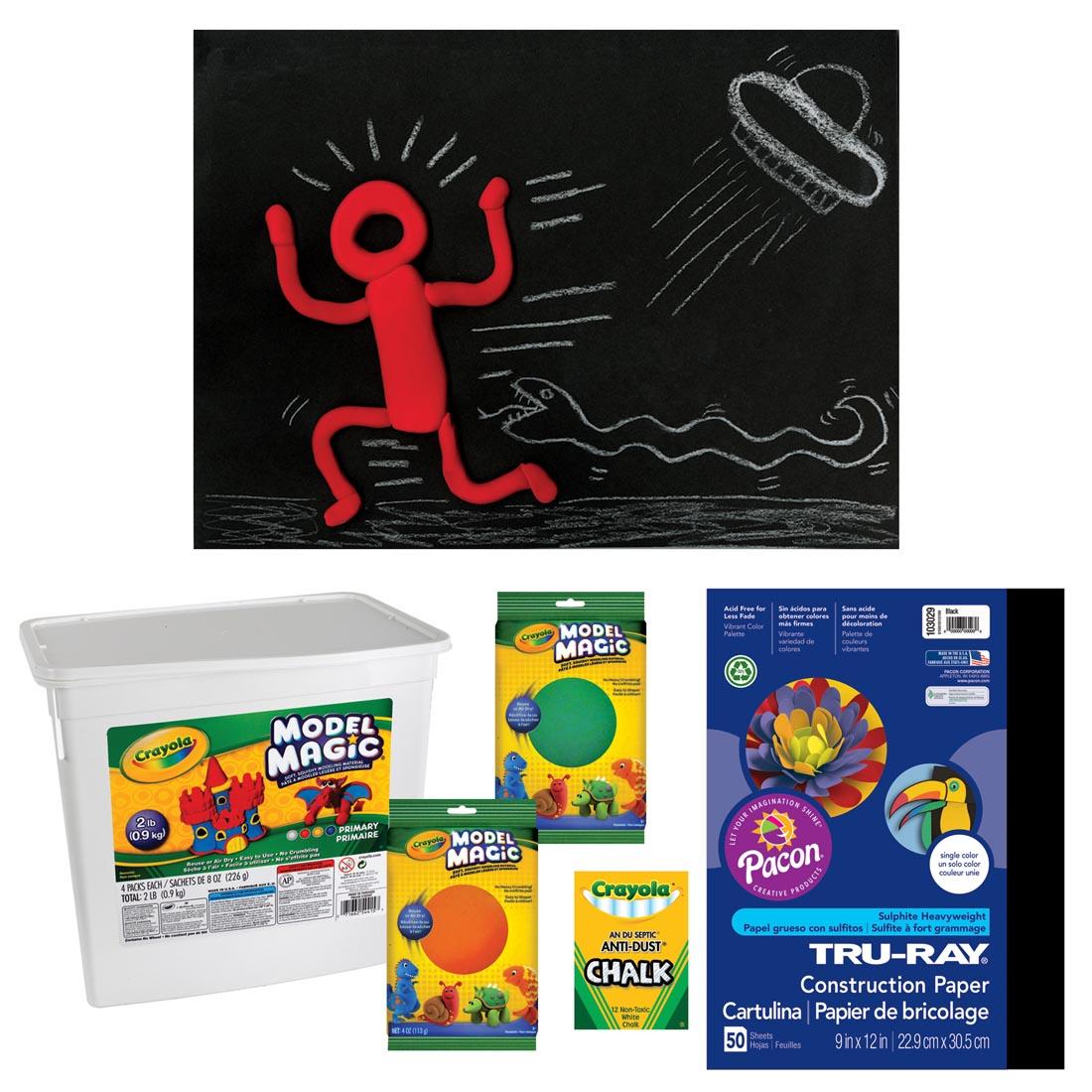 Contents of the Haring-Inspired Chalk Drawing Project Kit plus an example of a completed drawing