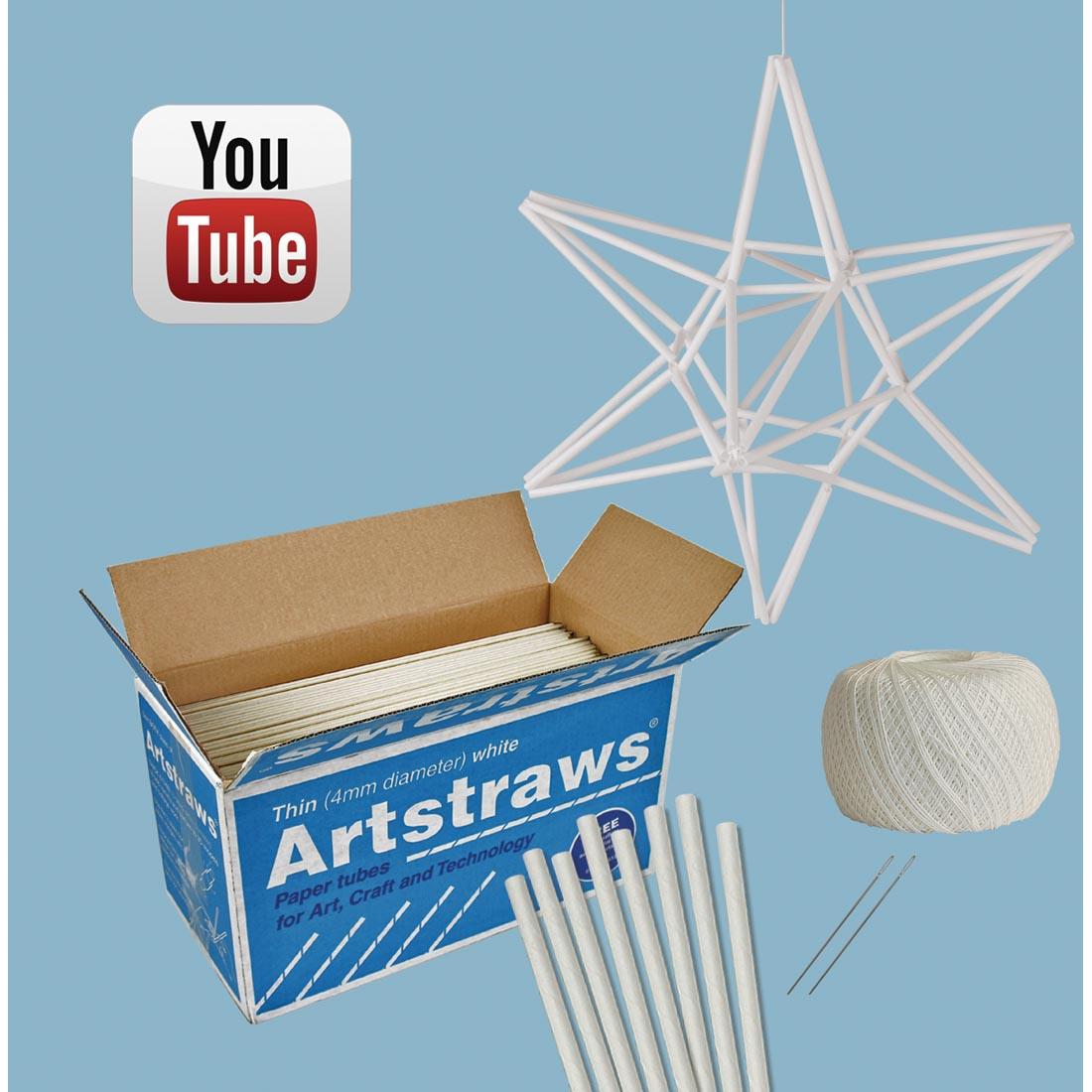 Contents of the Himmeli Star Mobile Project Kit With White Artstraws plus an example of a completed star and the YouTube logo