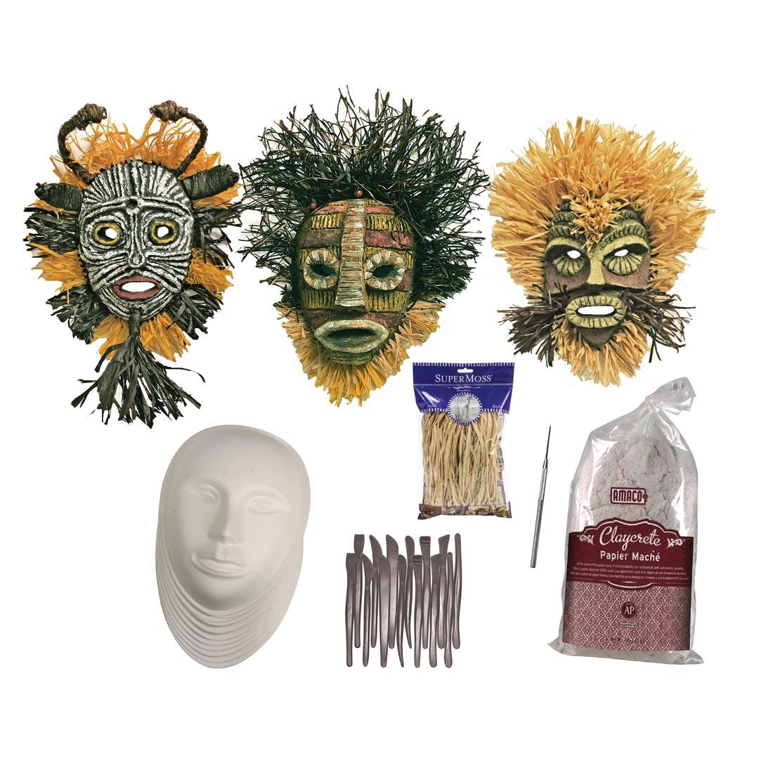 Contents of the African Masks Project Kit plus 3 examples of completed masks