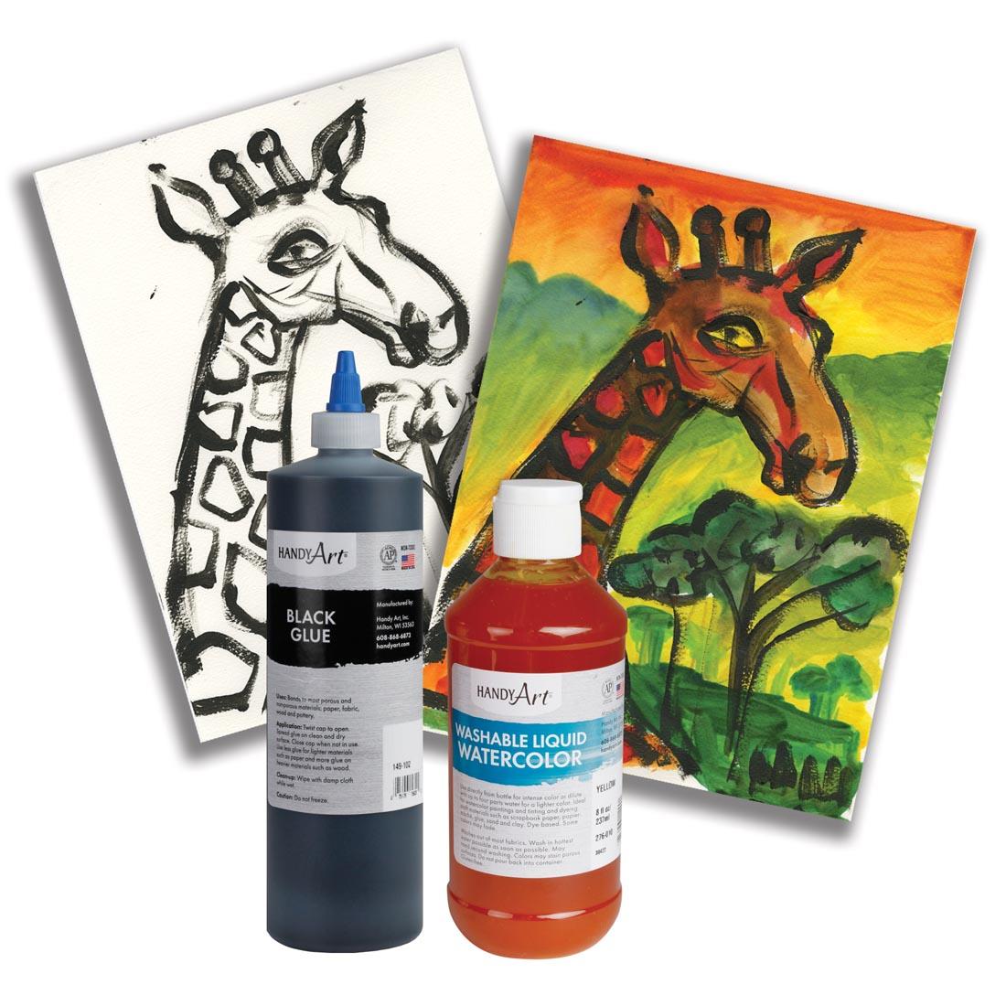 Contents of the Glue-Resist Watercolor Safari Project Kit plus 2 examples of projects in different stages