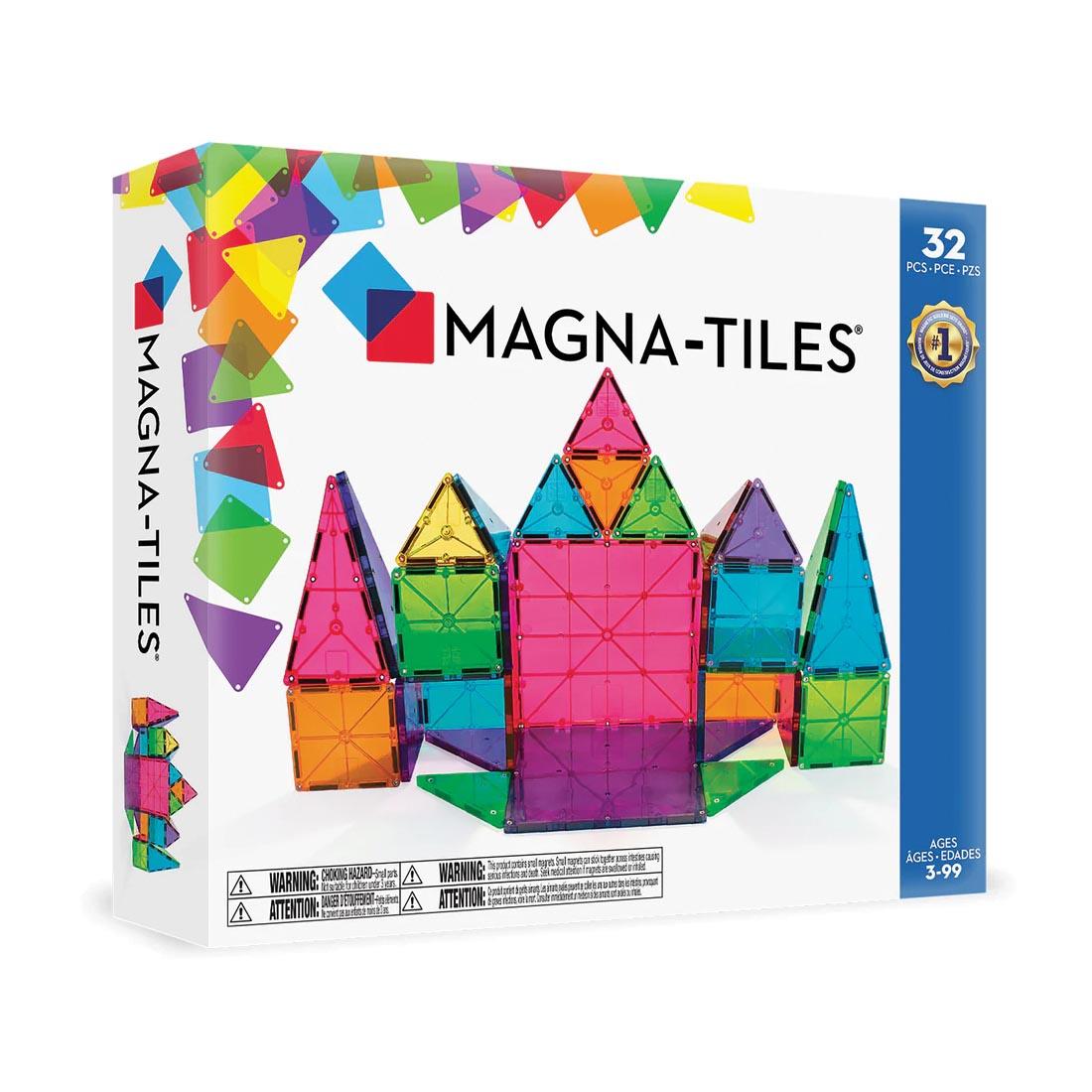 Front of box of Magna-Tiles Clear Colors 32-Count Set