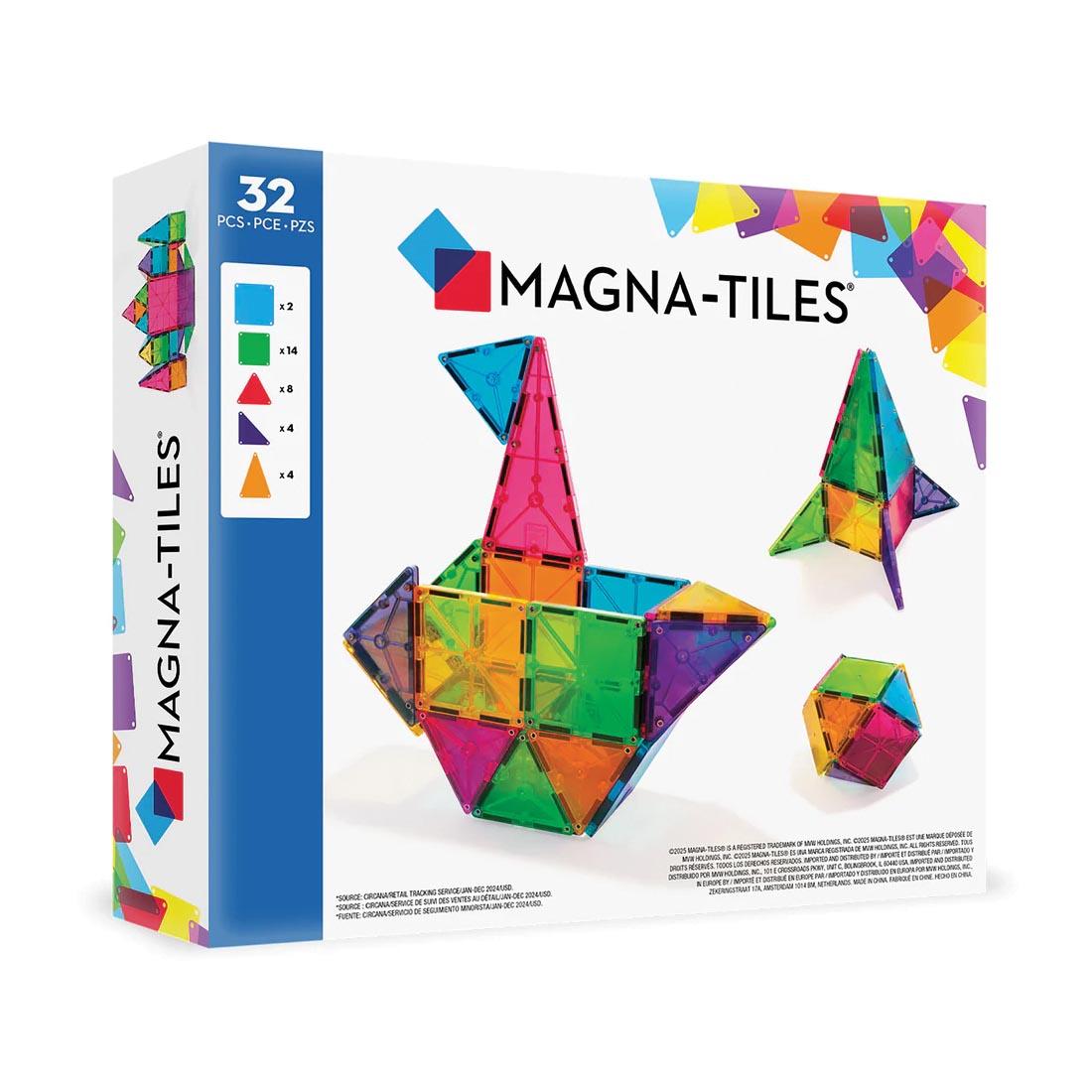 back of package of Magna-Tiles Clear Colors 32-Count Set