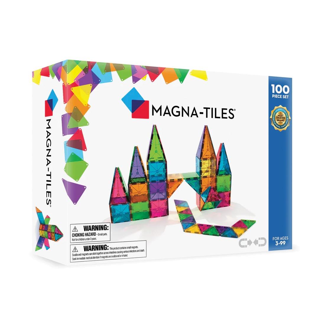 Front of box of Magna-Tiles Clear Colors 100-Count Set