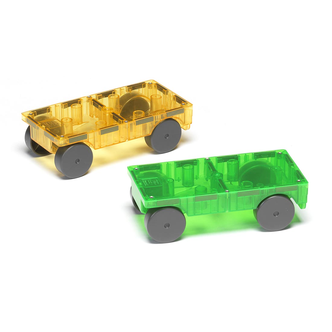 Two cars made with the Magna-Tiles Cars Expansion Set