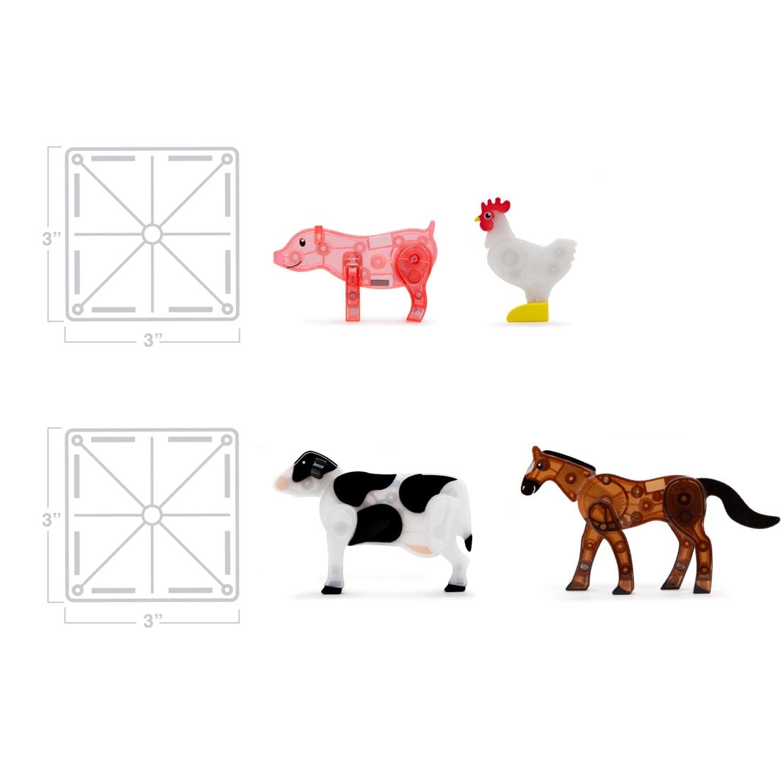 animal pieces from the Magna-Tiles Farm Animals 25-Piece Set plus two tiles labeled with their measurements 3" x 3"