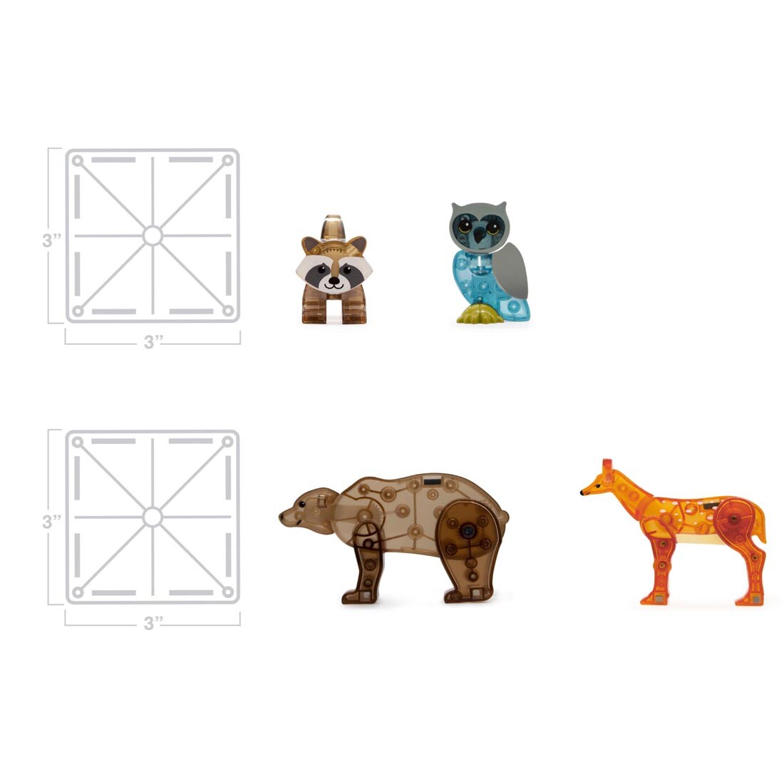 4 animals from the Magna-Tiles Forest Animals 25-Piece Set plus 2 tiles labeled with their measurements 3" x 3"