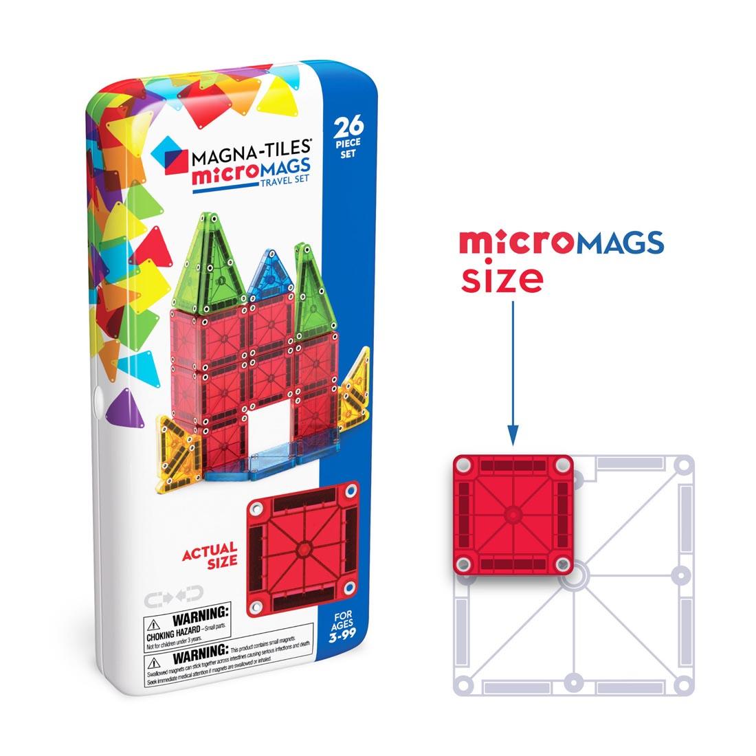 package for Magna-Tiles microMAGS Clear Colors 26-Piece Travel Set next to a closeup comparing micromags tile size to regular tiles