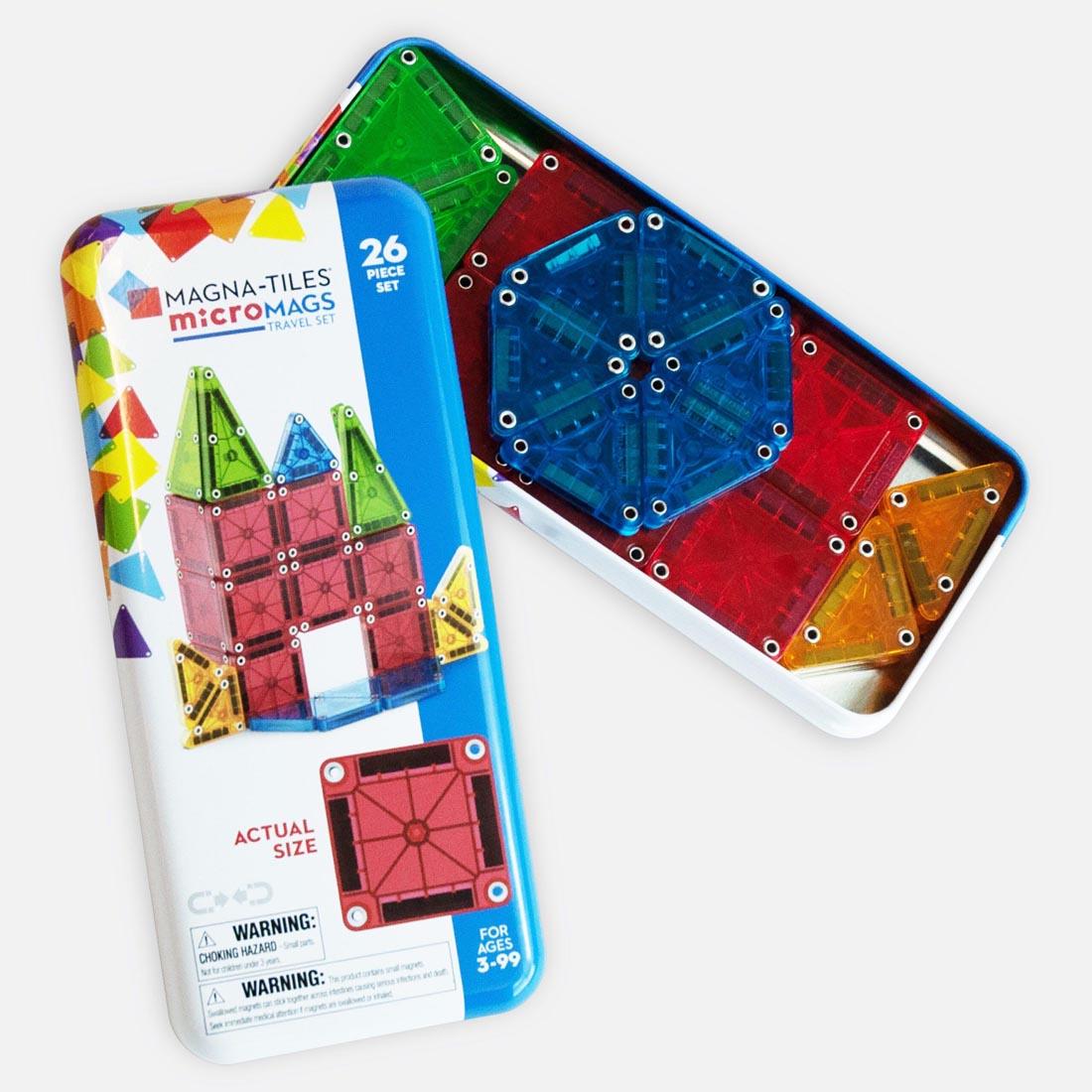 package of Magna-Tiles microMAGS Clear Colors 26-Piece Travel Set with lid off