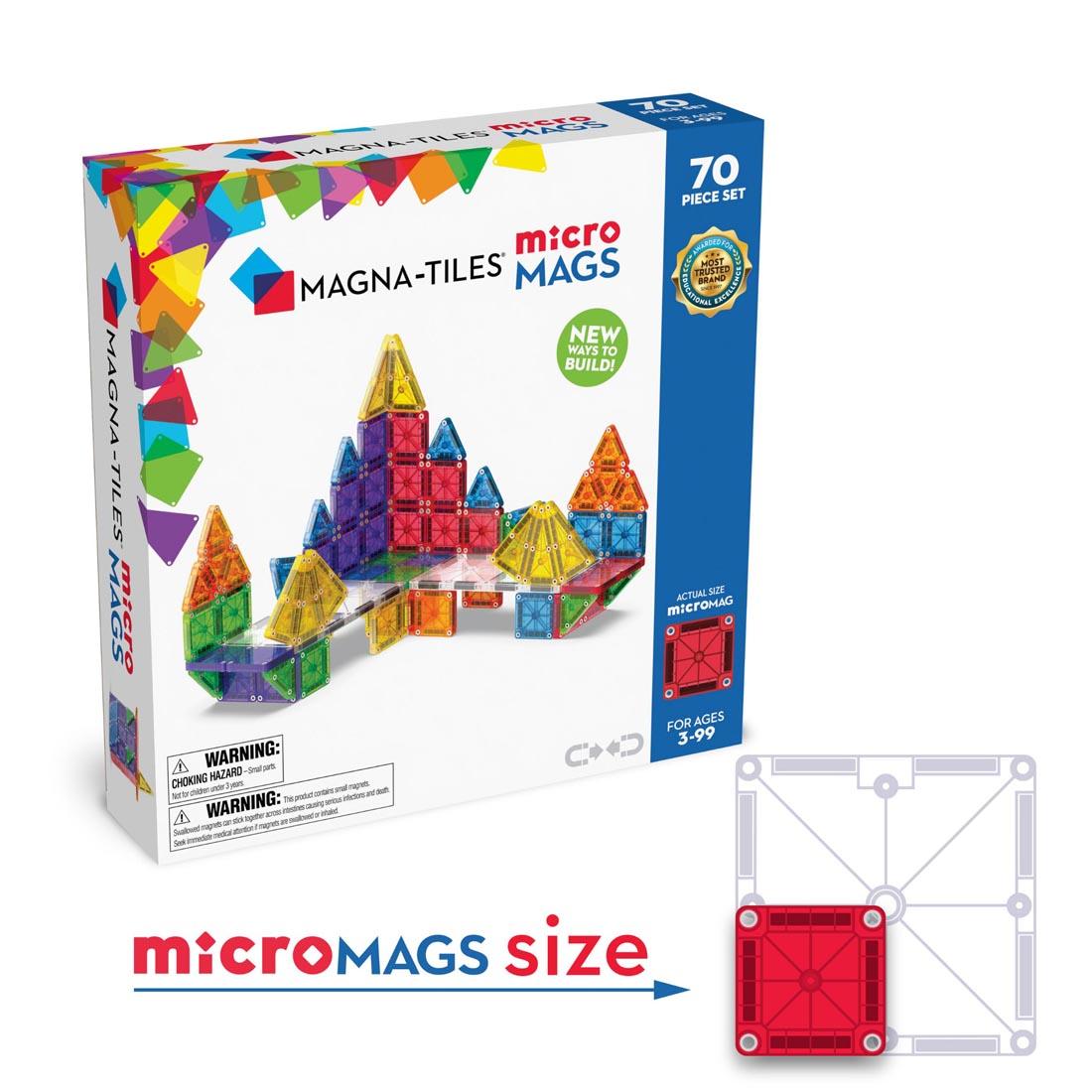 box of Magna-Tiles microMAGS Clear Colors 70-Piece Set with the text micromags size and arrow pointing to an example tile compared to a regular Magna-Tile