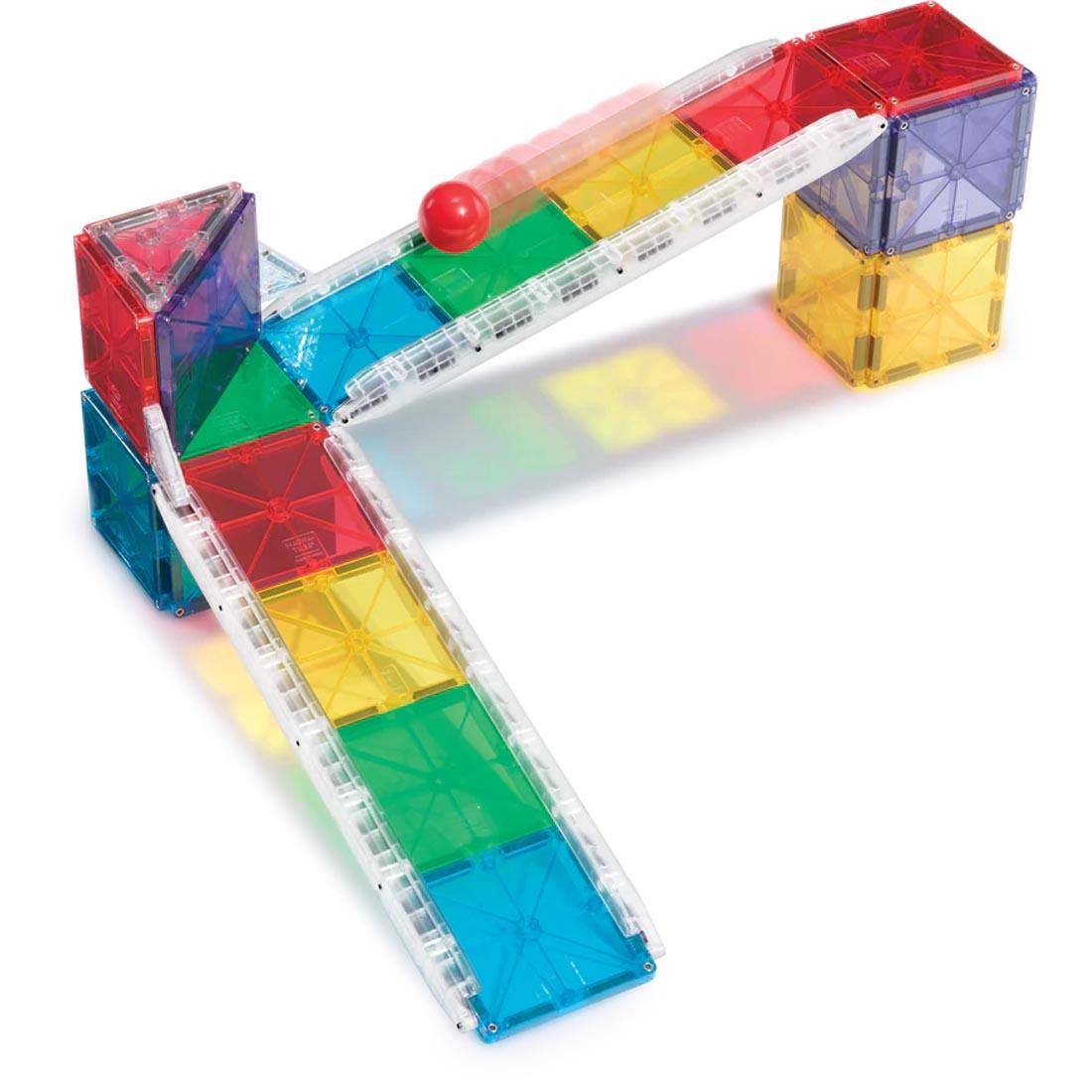 simple marble run made with pieces in Magna-Tiles Rail Racers Set