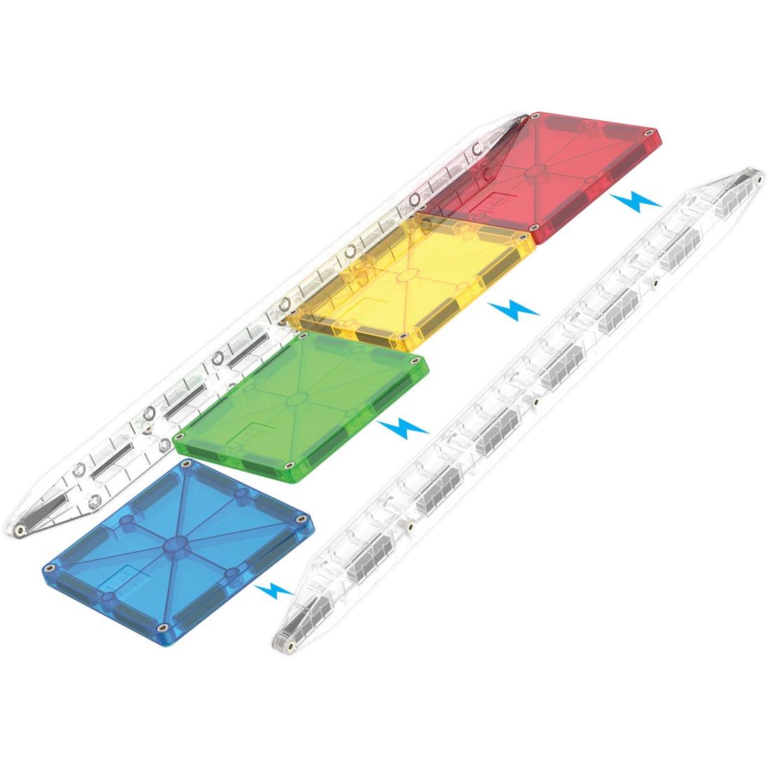 4 transparent, colored, Magna-tile squares, showing that rails connect magnetically on the sides