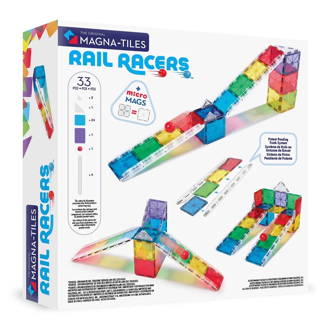 back package of Magna-Tiles Rail Racers 33-Piece Set, showing sample marble runs and contents