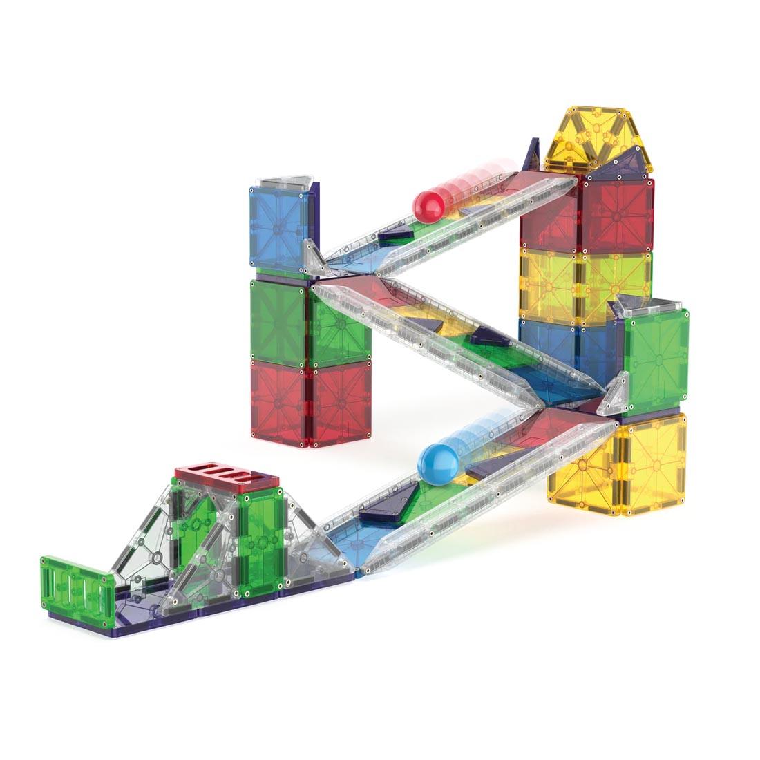 simple marble run built with pieces from Magna-Tiles Rail Racers Deluxe 90-Piece Set