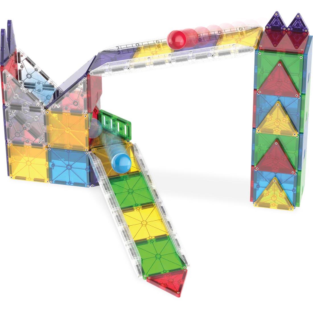 sample marble run built with pieces from Magna-Tiles Rail Racers Deluxe 90-Piece Set