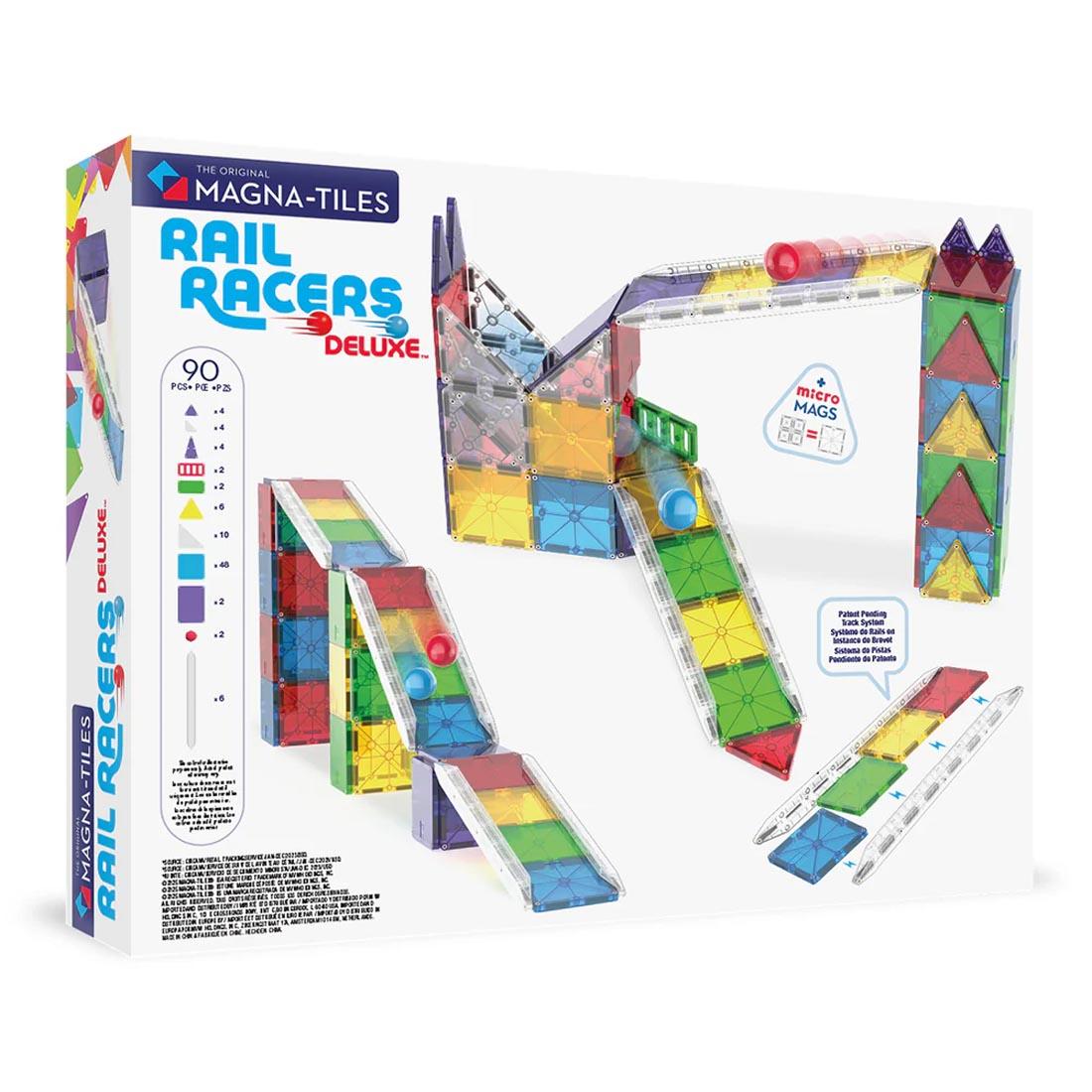 back package of Magna-Tiles Rail Racers Deluxe 90-Piece Set, showing sample marble runs and contents