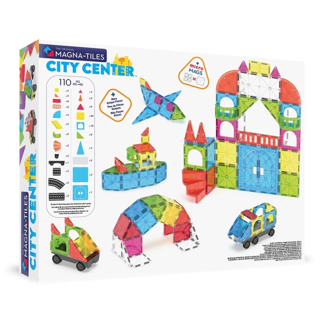 Magna-Tiles City Center 110-Piece Set, showing sample builds and contents