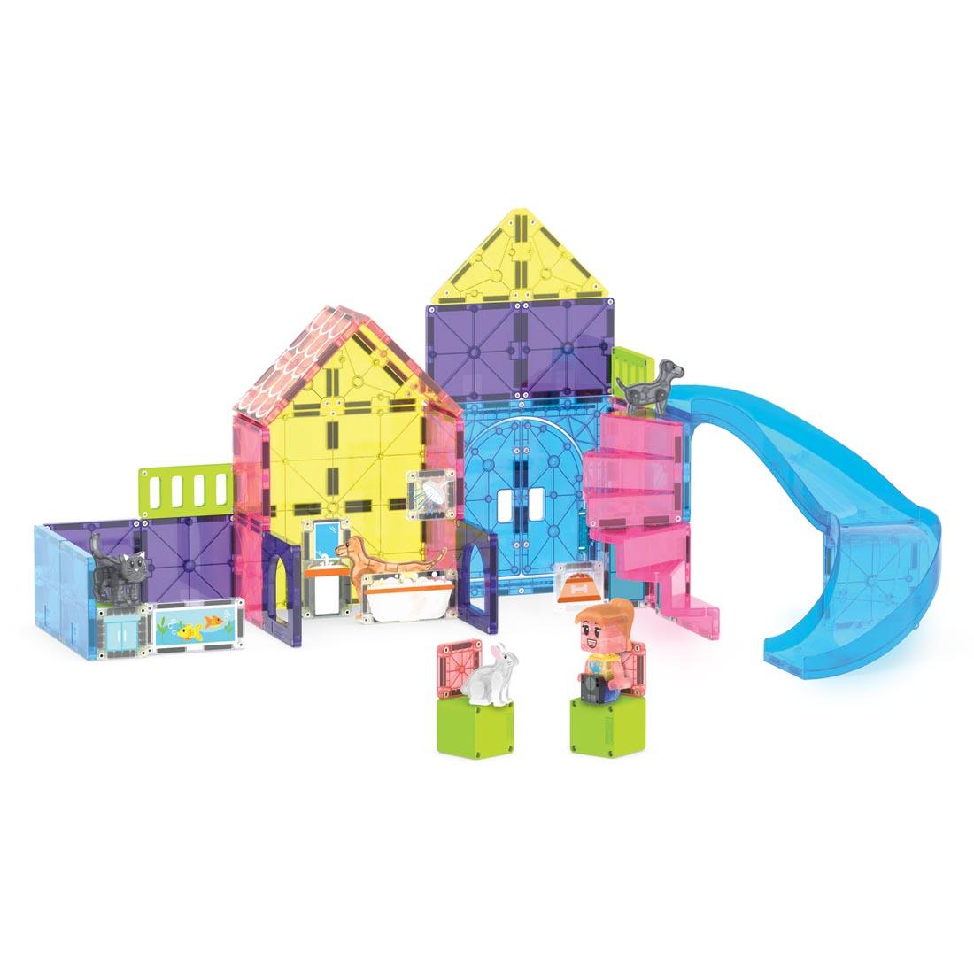 sample build made with Magna-Tiles Pet Playhouse 50-Piece Set, including human figure and 4 animal figures
