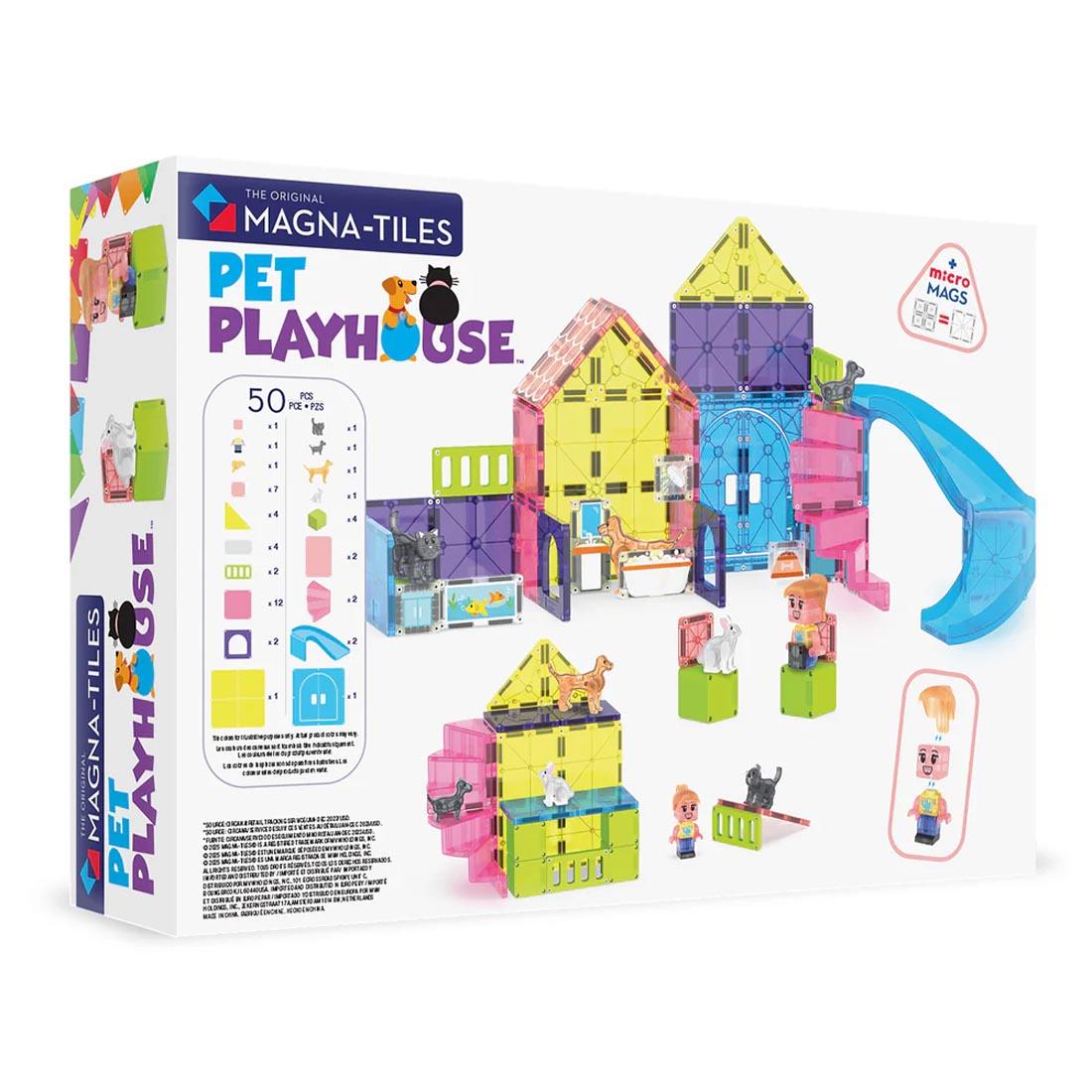 back package of Magna-Tiles Pet Playhouse 50-Piece Set, showing sample builds and contents