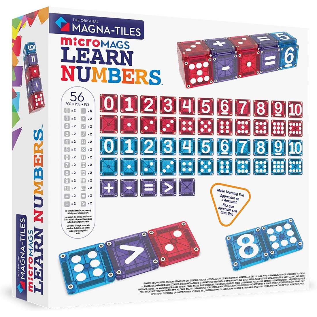 back of package for Magna-Tiles microMAGS Learn Numbers 56-Piece Set