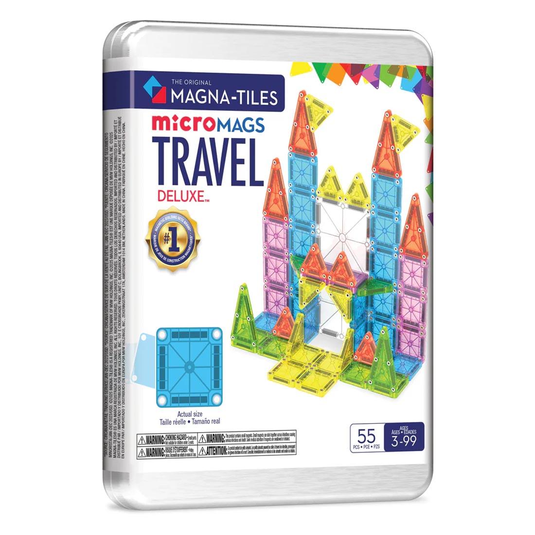front package of Magna-Tiles microMAGS Travel Deluxe 55-Piece Set