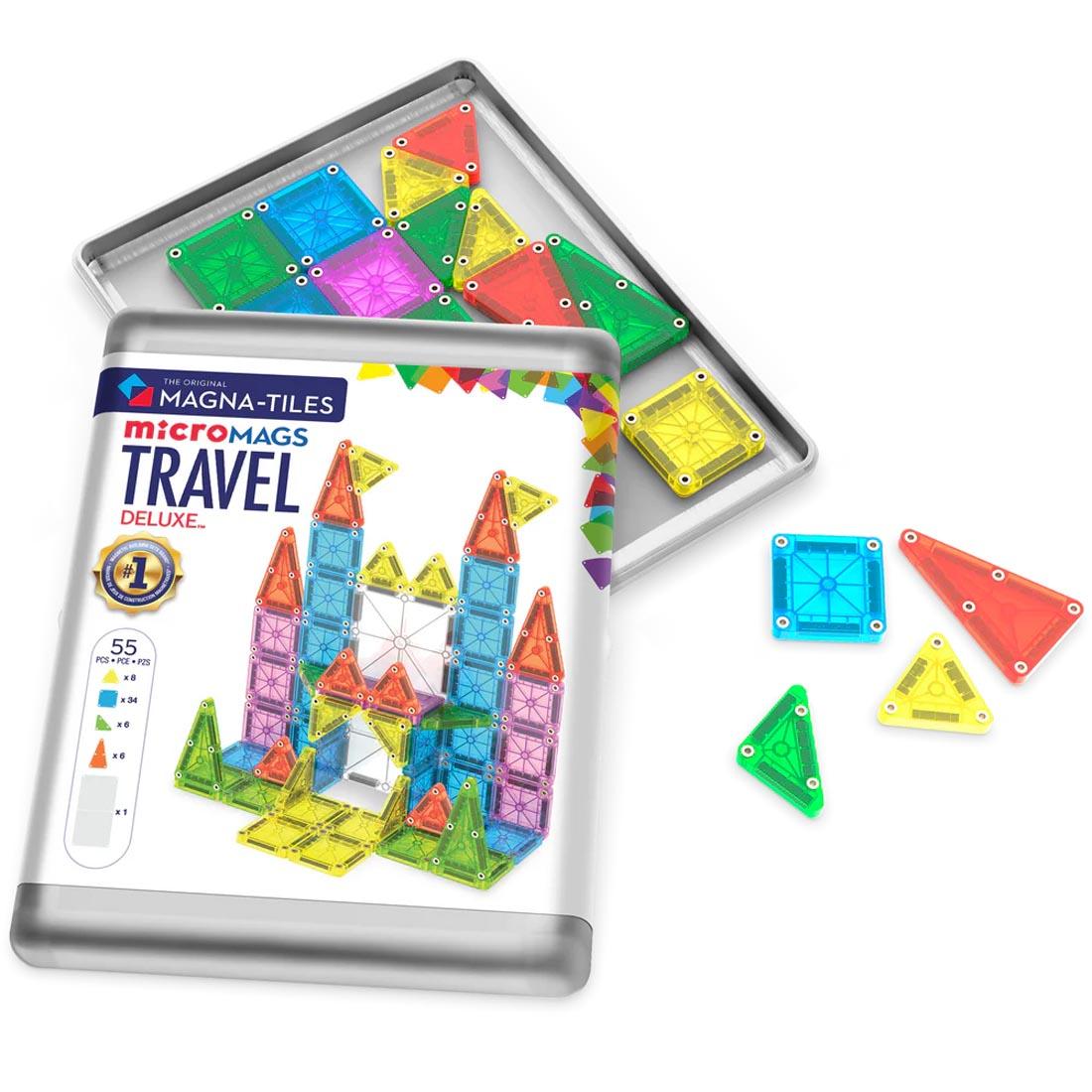 Magna-Tiles microMAGS Travel Deluxe 55-Piece Set, with package opened and pieces inside and outside of package