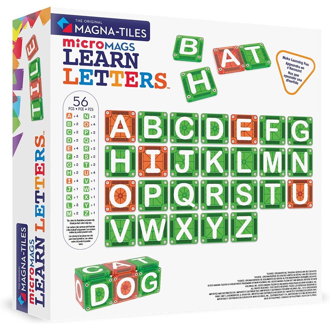 back of package for Magna-Tiles microMAGS Learn Letters 56-Piece Set