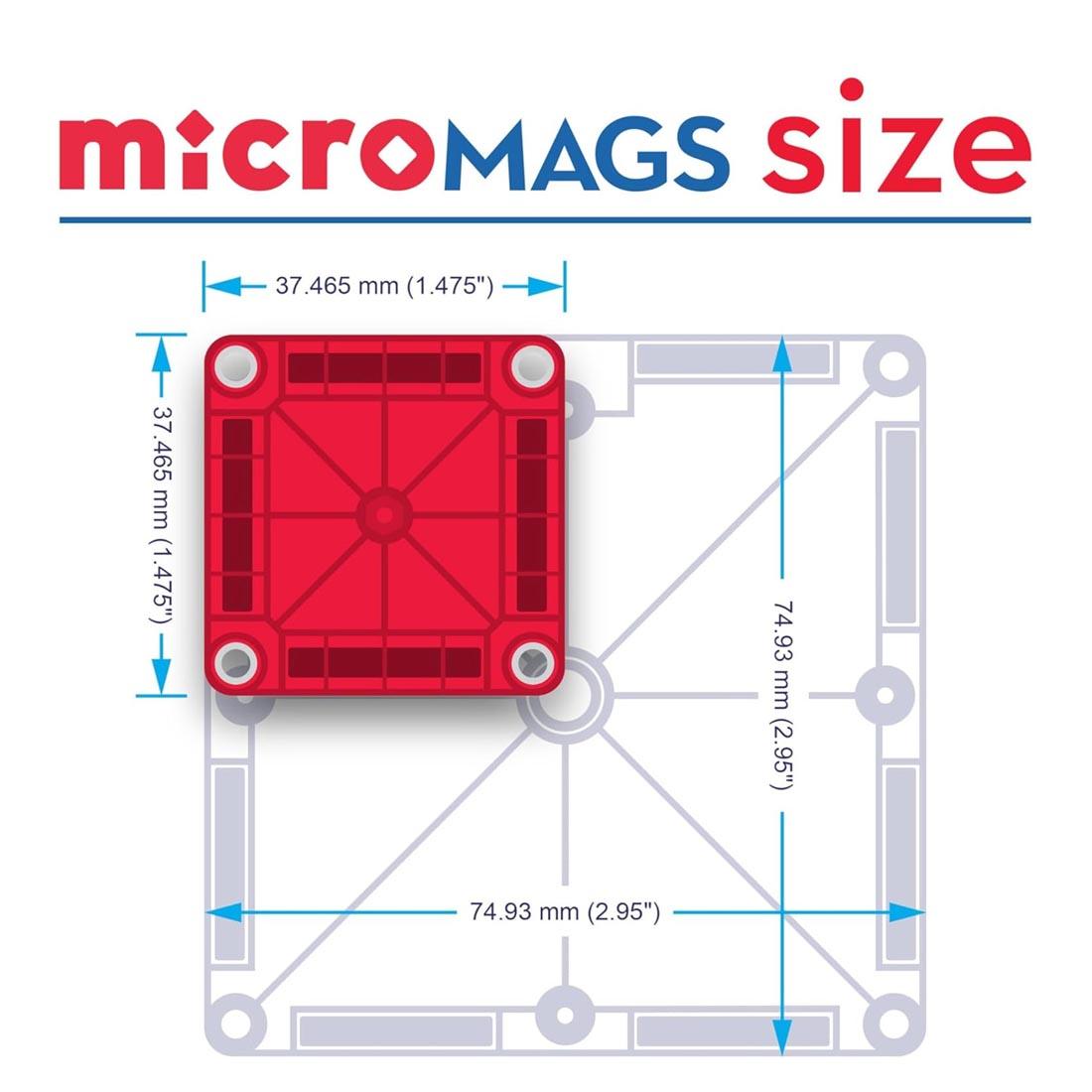 a Magna-Tiles microMAG against the outline of a standard Magna-Tile, labeled with measurements to show the MicroMags size