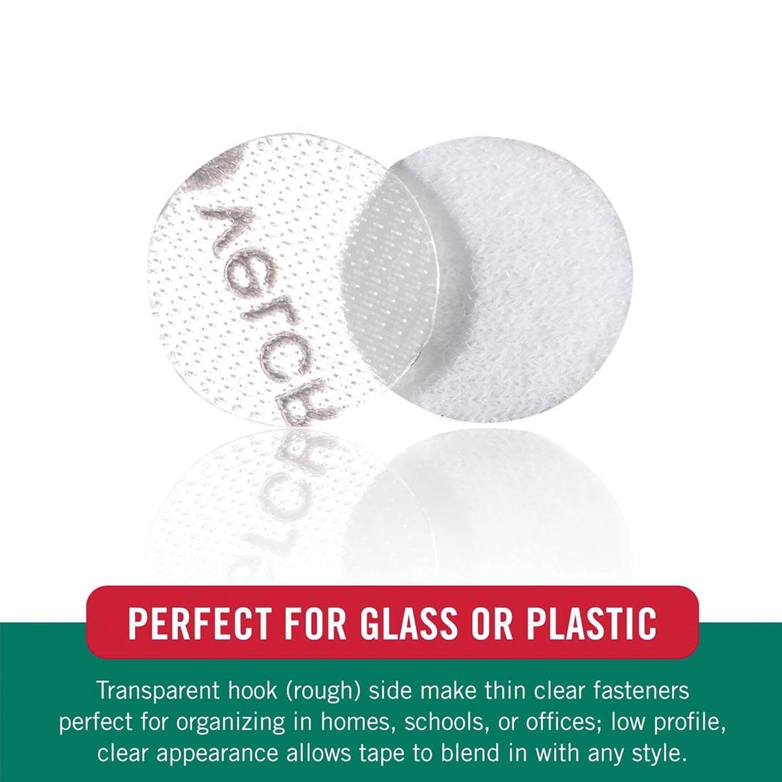 2 sets of Mini VELCRO Brand Dot Fasteners, with words: Perfect For Glass or Plastic, plus other benefits