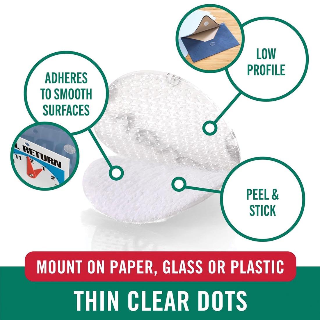 Mini VELCRO Brand Dot Fastener, with words noting the benefits: low profile; adheres to smooth surfaces; peel & stick; mount on paper, glass or plastic