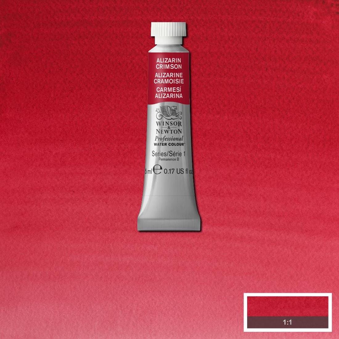 Tube of Alizarin Crimson Winsor & Newton Professional Water Colour with a paint swatch for the background