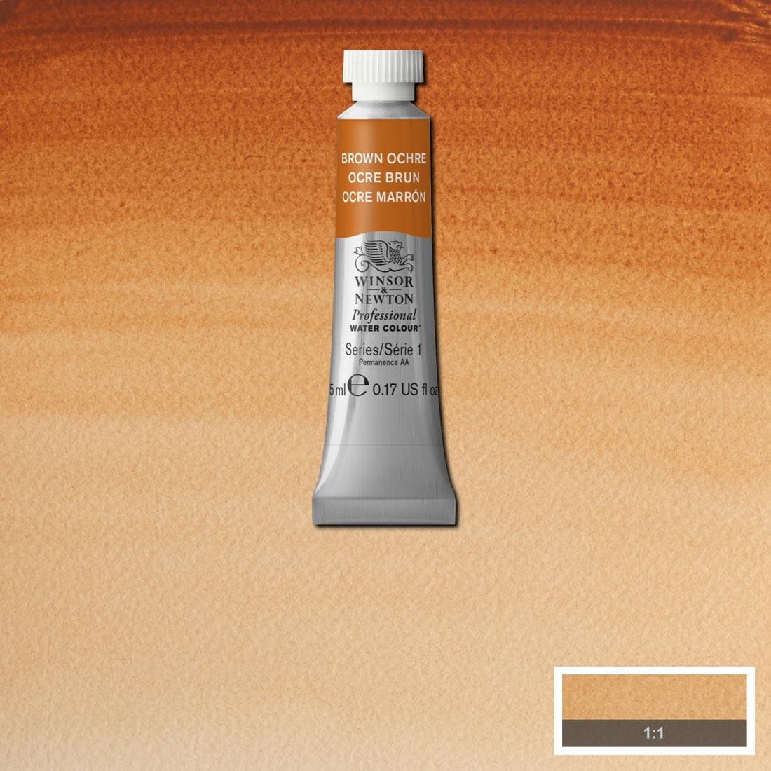 Tube of Brown Ochre Winsor & Newton Professional Water Colour with a paint swatch for the background