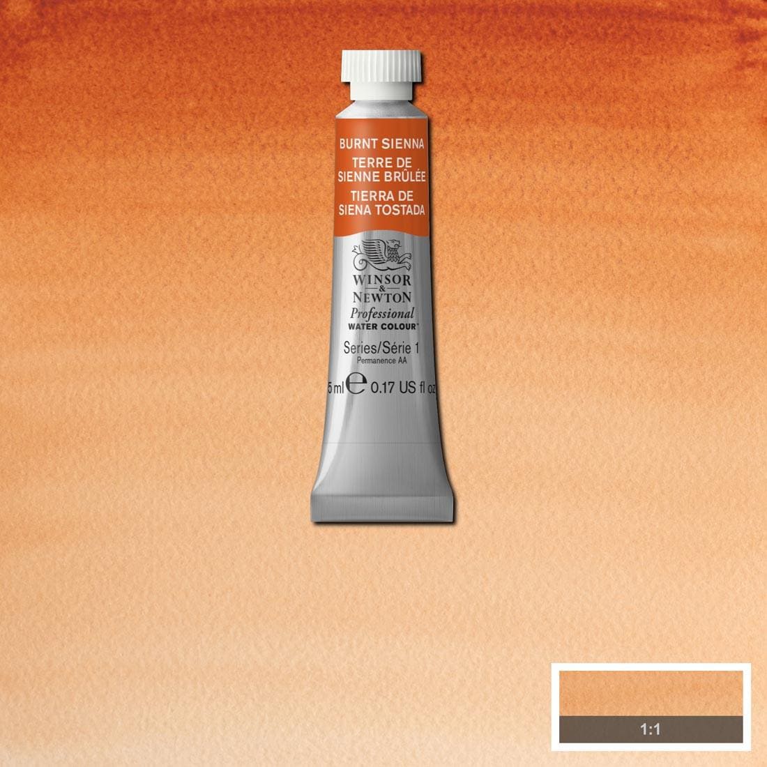 Tube of Burnt Sienna Winsor & Newton Professional Water Colour with a paint swatch for the background