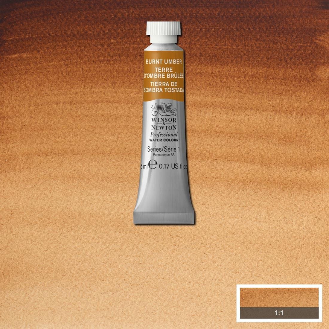 Tube of Burnt Umber Winsor & Newton Professional Water Colour with a paint swatch for the background