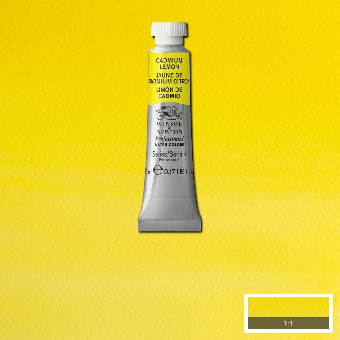 Tube of Cadmium Lemon Winsor & Newton Professional Water Colour with a paint swatch for the background