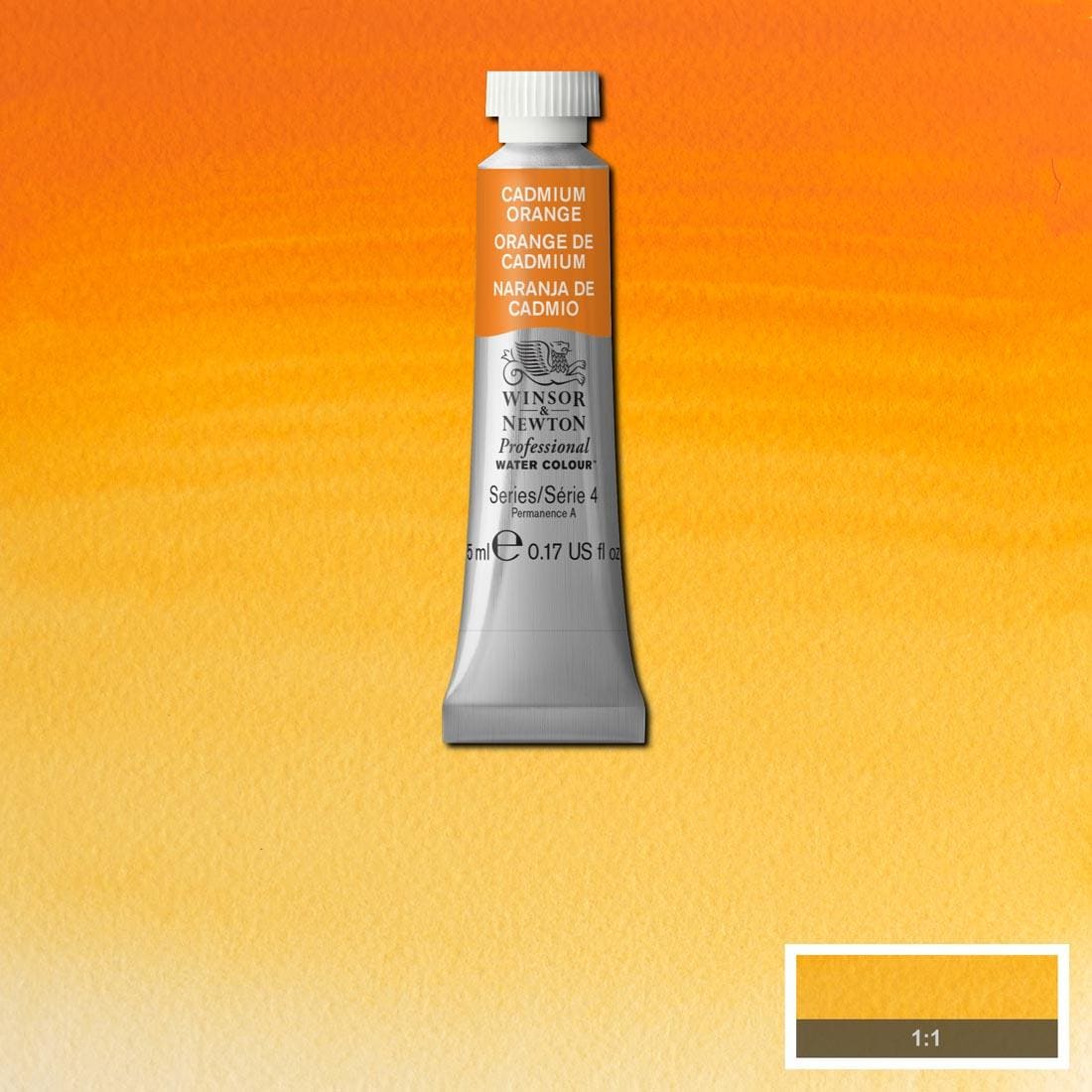 Tube of Cadmium Orange Winsor & Newton Professional Water Colour with a paint swatch for the background