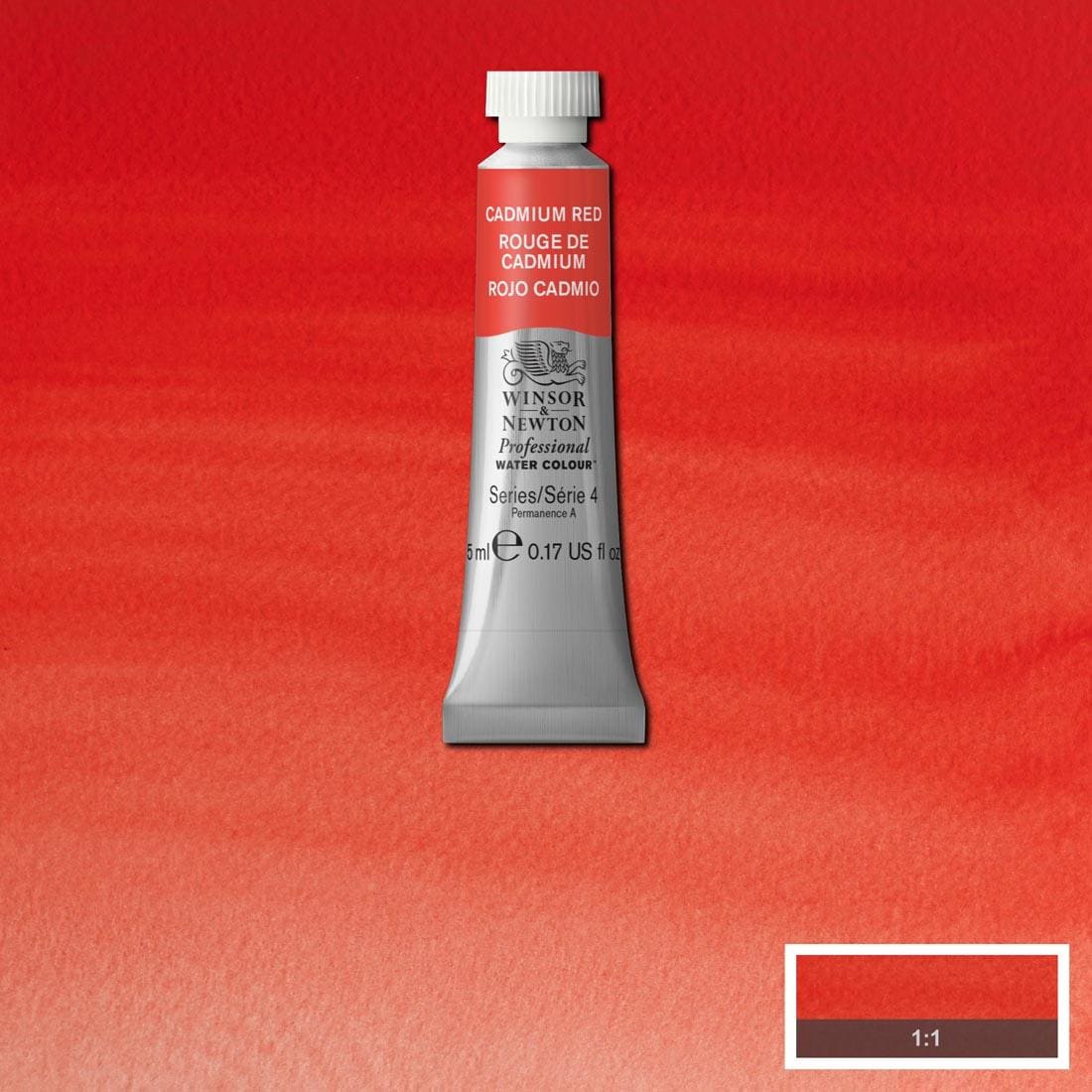 Tube of Cadmium Red Winsor & Newton Professional Water Colour with a paint swatch for the background