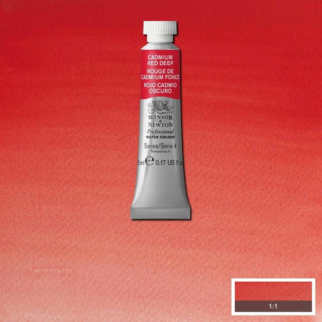 Tube of Cadmium Red Deep Winsor & Newton Professional Water Colour with a paint swatch for the background