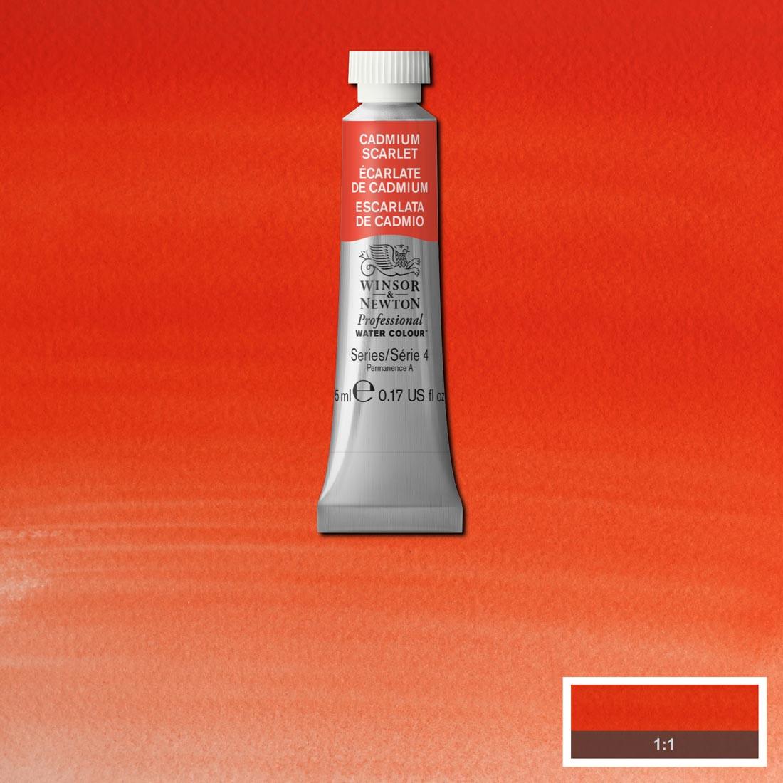 Tube of Cadmium Scarlet Winsor & Newton Professional Water Colour with a paint swatch for the background