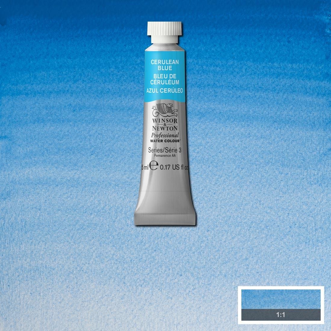 Tube of Cerulean Blue Winsor & Newton Professional Water Colour with a paint swatch for the background