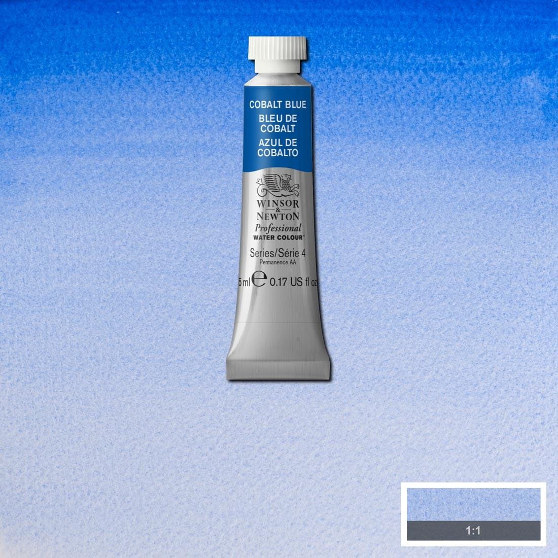 Tube of Cobalt Blue Winsor & Newton Professional Water Colour with a paint swatch for the background