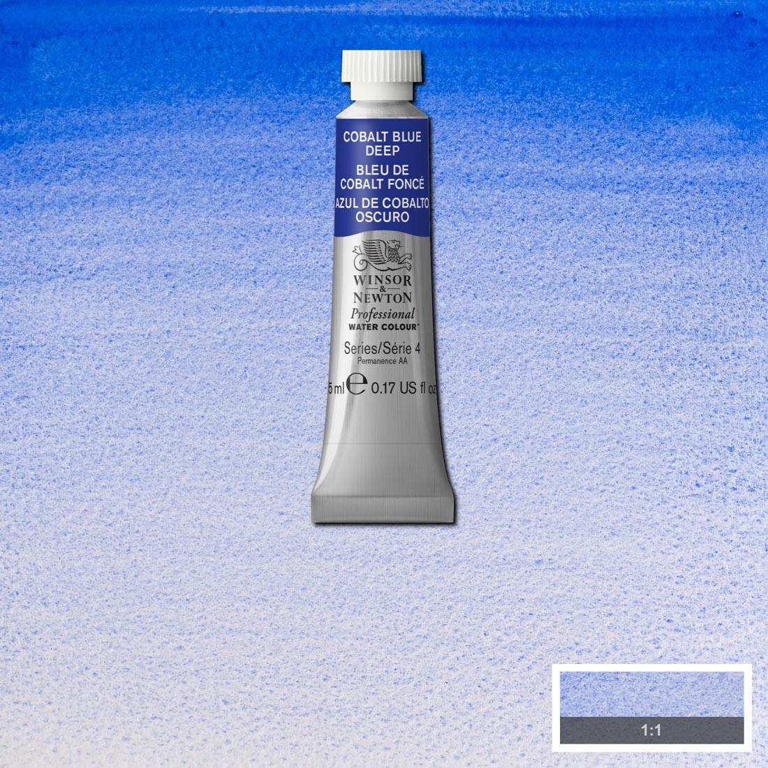 Tube of Cobalt Blue Deep Winsor & Newton Professional Water Colour with a paint swatch for the background