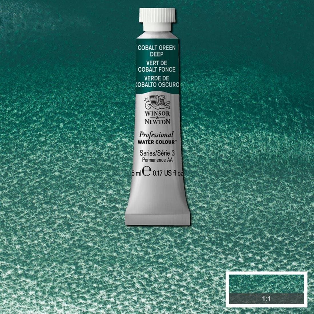 Tube of Cobalt Green Deep Winsor & Newton Professional Water Colour with a paint swatch for the background