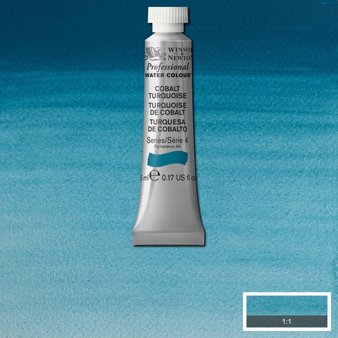 Tube of Cobalt Turquoise Winsor & Newton Professional Water Colour with a paint swatch for the background