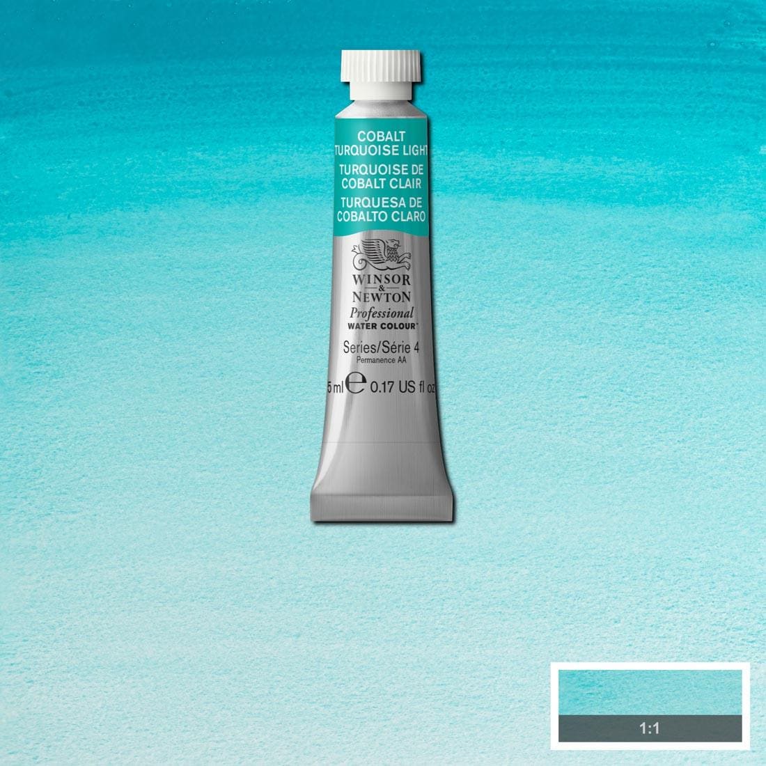 Tube of Cobalt Turquoise Light Winsor & Newton Professional Water Colour with a paint swatch for the background