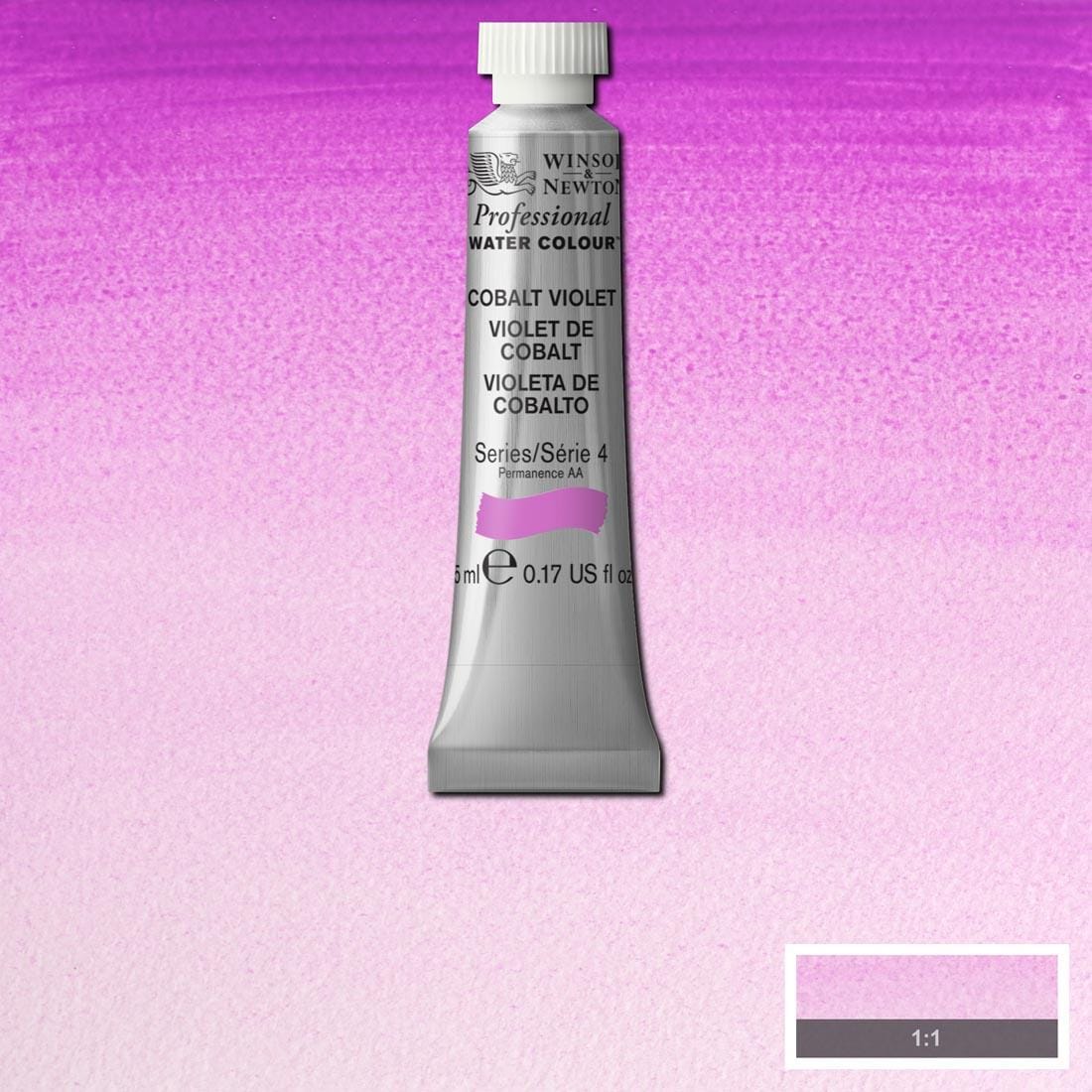 Tube of Cobalt Violet Winsor & Newton Professional Water Colour with a paint swatch for the background