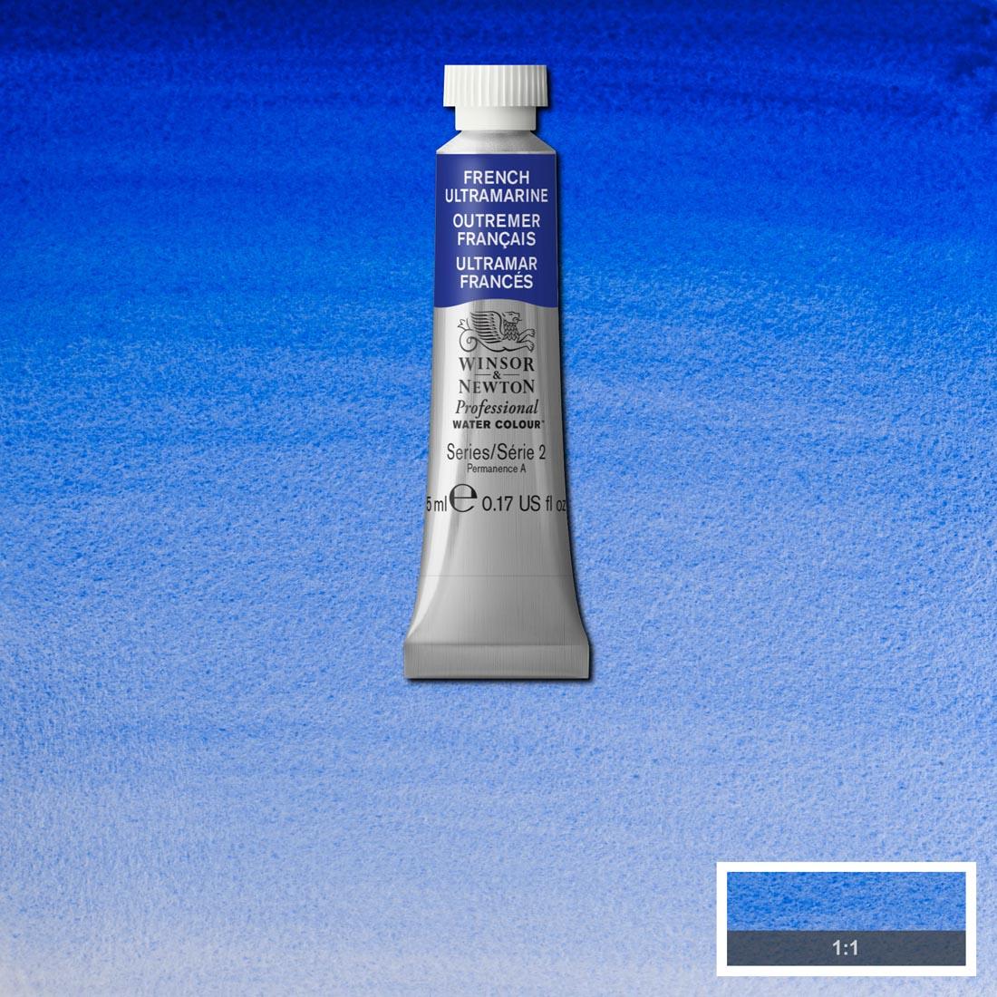 Tube of French Ultramarine Winsor & Newton Professional Water Colour with a paint swatch for the background