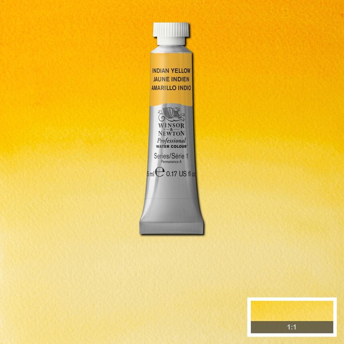 Tube of Indian Yellow Winsor & Newton Professional Water Colour with a paint swatch for the background