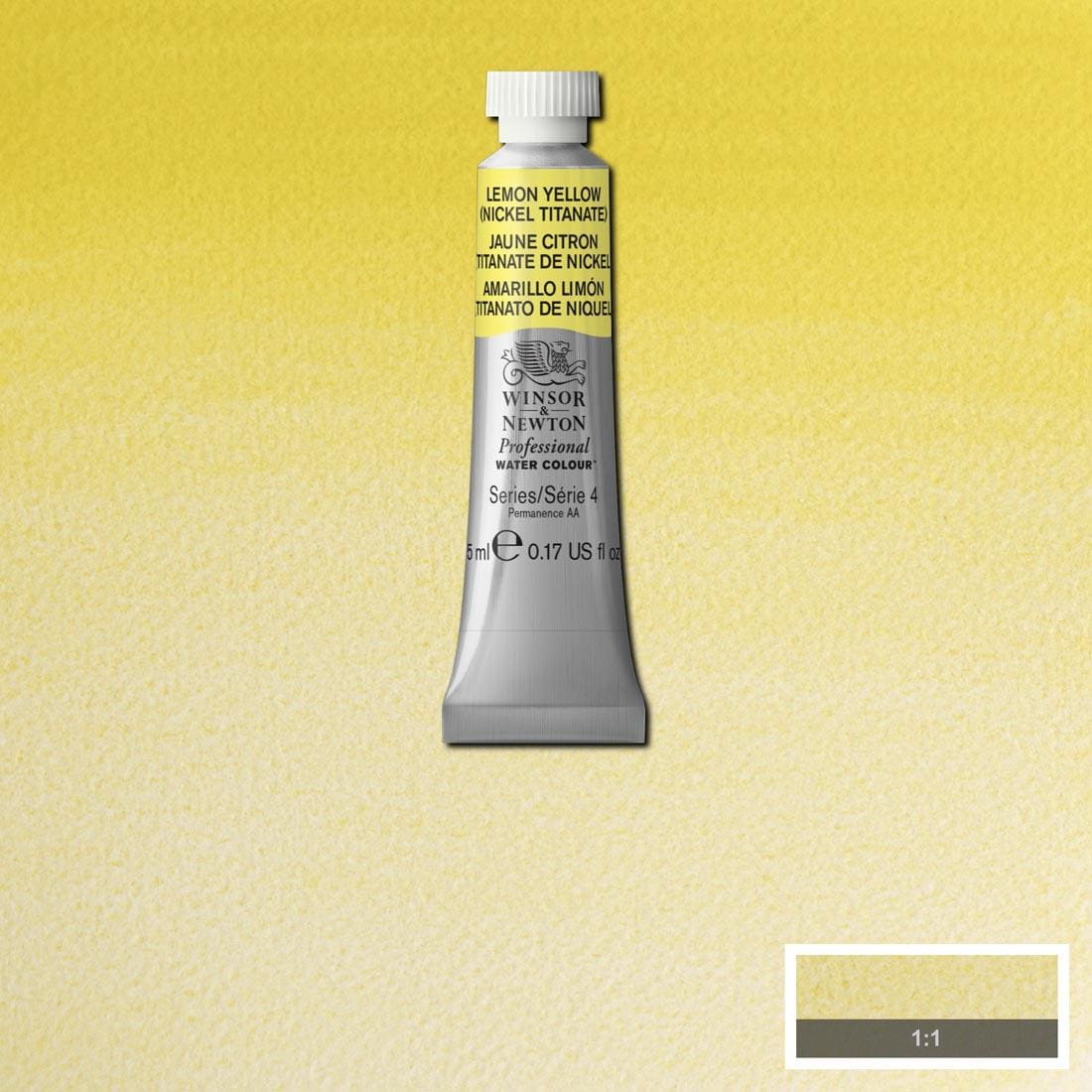 Tube of Lemon Yellow (Nickel Titanate) Winsor & Newton Professional Water Colour with a paint swatch for the background