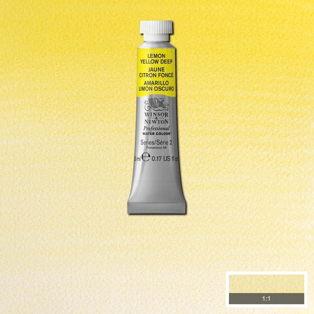 Tube of Lemon Yellow Deep Winsor & Newton Professional Water Colour with a paint swatch for the background